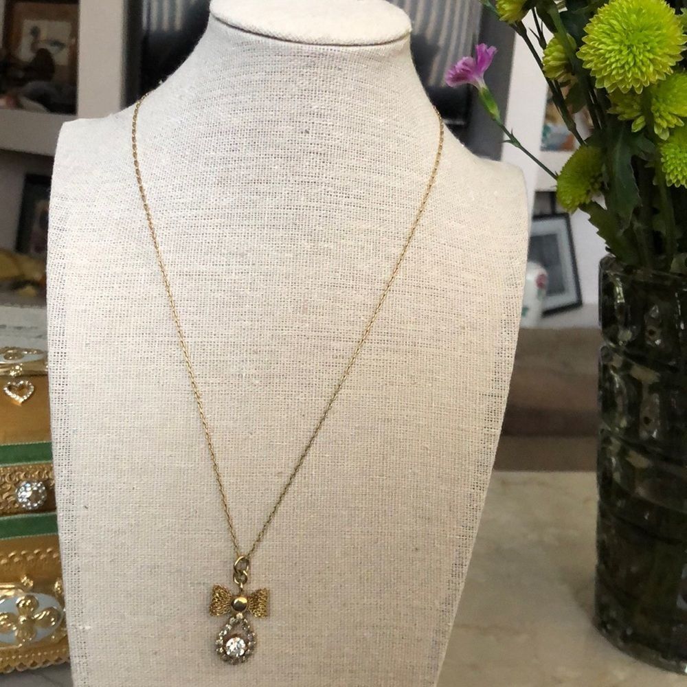 J. Crew Long and Dainty GoldTone Mesh Bow & Rhinestone Drop Pendant Necklace